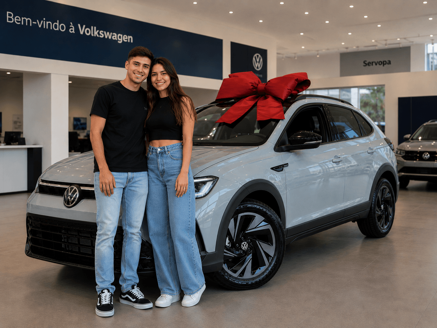 Casal feliz na concessionária Volkswagen ao lado do carro novo com laço vermelho