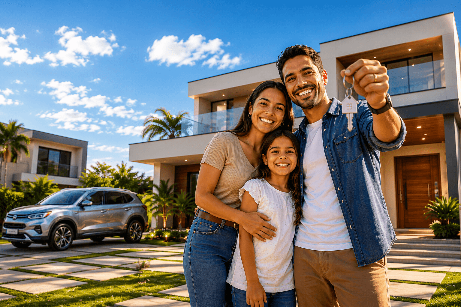 Família feliz na frente da casa própria conquistada com consórcio